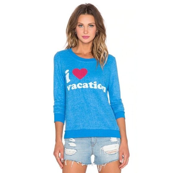 Chaser Revolve Womens Sweatshirt Blue Fuzzy I Heart Vacation Love Pullover Small - Picture 1 of 11